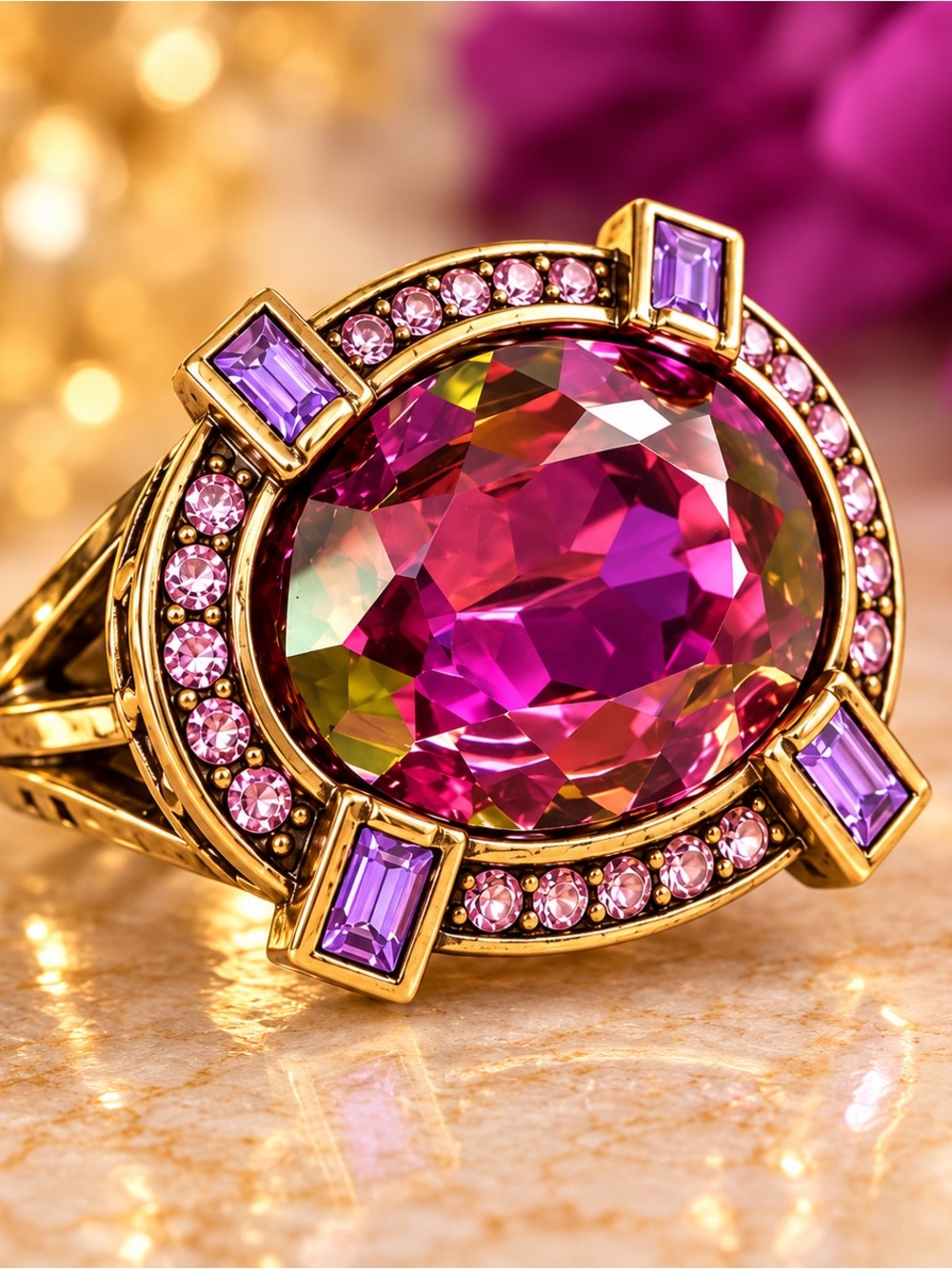 Bold & Beautiful Statement Ring – Pink Purple Crystal Cocktail Ring  *Size 6